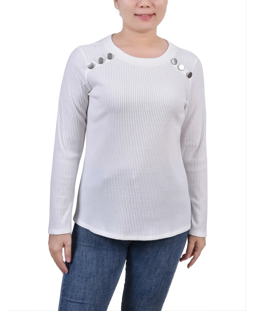 Ny Collection Petite Long Sleeve Ribbed Button Detail Top