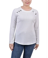 Ny Collection Petite Long Sleeve Ribbed Button Detail Top