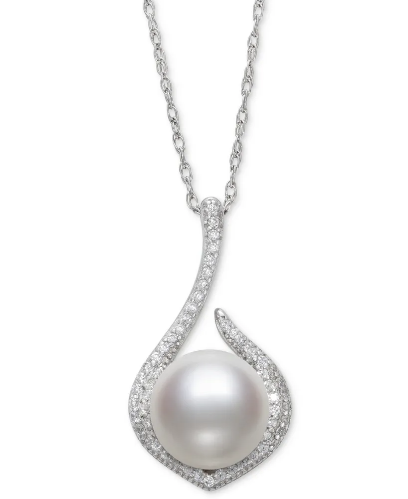 Belle de Mer Cultured Freshwater Button Pearl (10mm) & Cubic Zirconia 18" Pendant Necklace in Sterling Silver