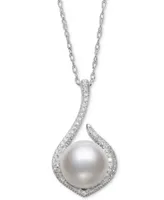 Belle de Mer Cultured Freshwater Button Pearl (10mm) & Cubic Zirconia 18" Pendant Necklace in Sterling Silver