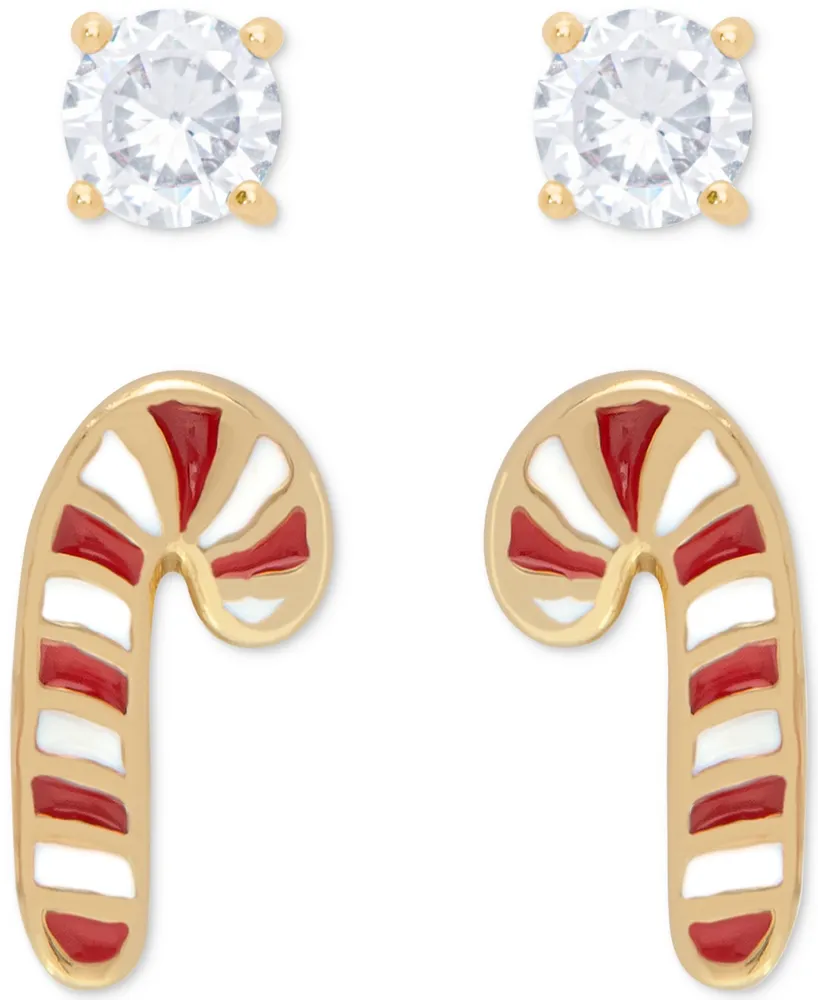 2-Pc. Set Lab-grown White Sapphire (1/3 ct. t.w.) & Enamel Candy Cane Stud Earrings in 14k Gold-Plated Sterling Silver