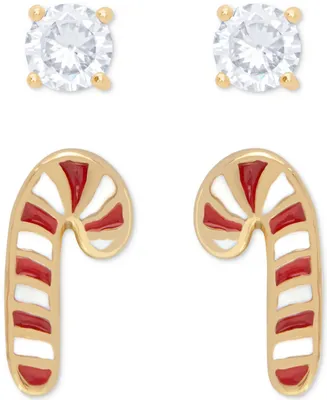 2-Pc. Set Lab-grown White Sapphire (1/3 ct. t.w.) & Enamel Candy Cane Stud Earrings in 14k Gold-Plated Sterling Silver
