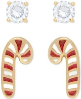 2-Pc. Set Lab-grown White Sapphire (1/3 ct. t.w.) & Enamel Candy Cane Stud Earrings in 14k Gold-Plated Sterling Silver