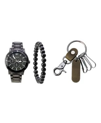 American Exchange Men's Quartz Movement Gunmetal Bracelet Analog Watch, 46mm and Keychain with Bracelet and Zippered Travel Pouch