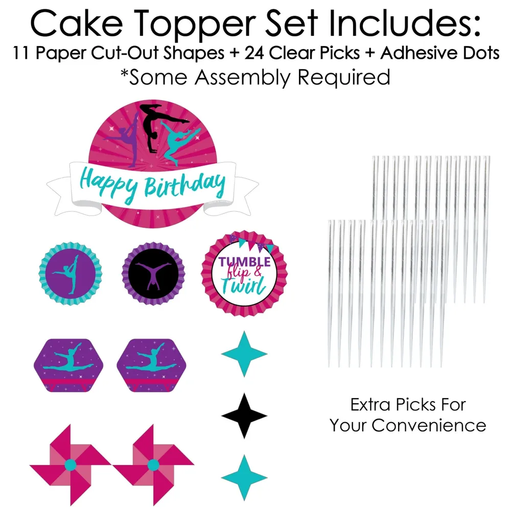 Tumble, Flip & Twirl - Gymnastics - Birthday Decor Kit - Cake Topper Set - 11 Pc