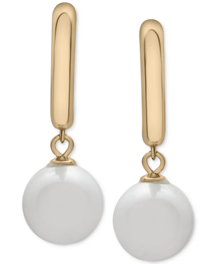 Cultured Freshwater Pearl (10mm) Dangle Huggie Hoop Earrings in 14k Gold-Plated Sterling Silver