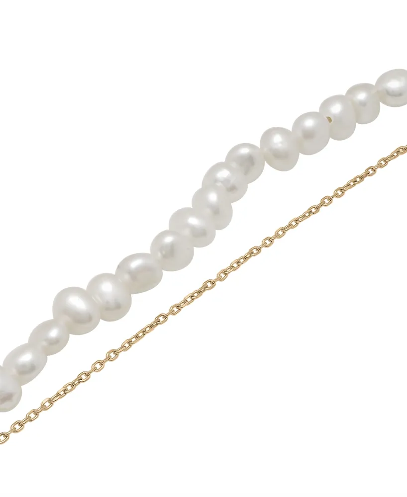 Cultured Freshwater Pearl (4mm) & Chain Link Layered Bracelet in 14k Gold-Plated Sterling Silver