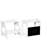 Qaba 2in1 Kids Kitchen Step Stool Table Chair Set w/ Chalkboard, White