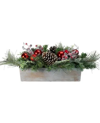 Northlight Mixed Pine and Ornaments Artificial Christmas Arrangement in Wood Planter, 24"