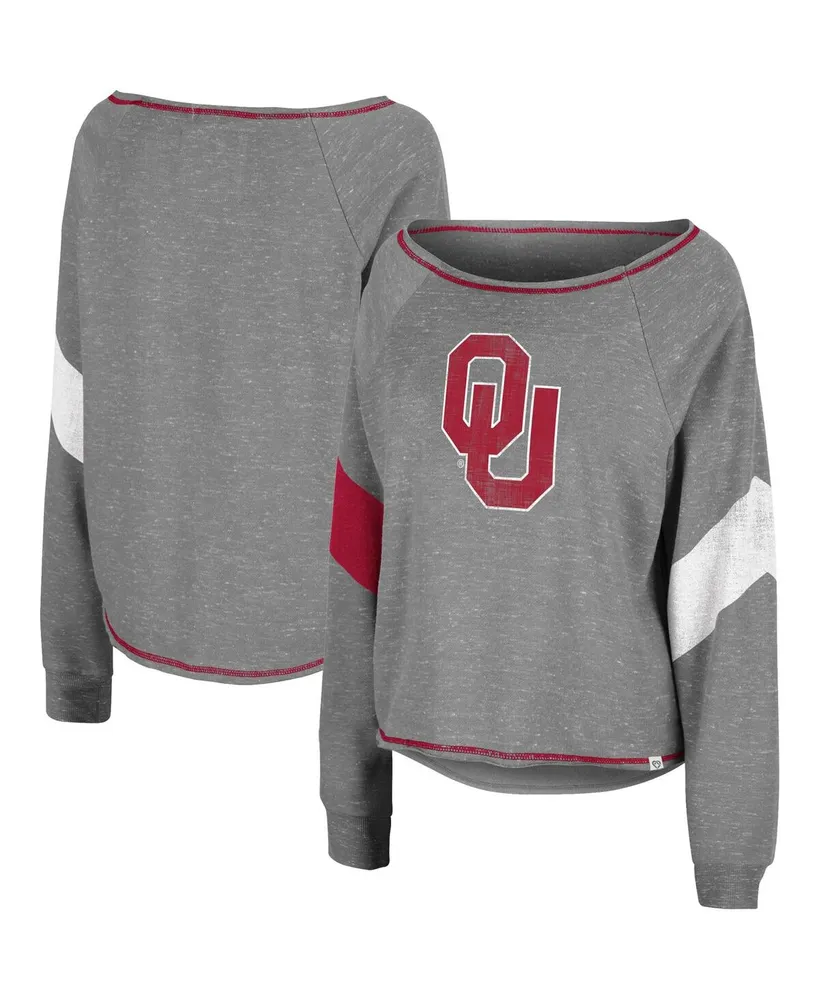 Women's Colosseum Heather Gray Oklahoma Sooners Amped Chevron Stripe Raglan Boat Neck Pullover Sweatshirt