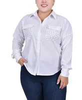 Ny Collection Plus Long Sleeve Hidden Placket Blouse with Studs