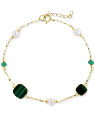 Effy Freshwater Pearl (4-1/2mm), Malachite, & Emerald (1/4 ct. t.w.) Link Bracelet in 14k Gold