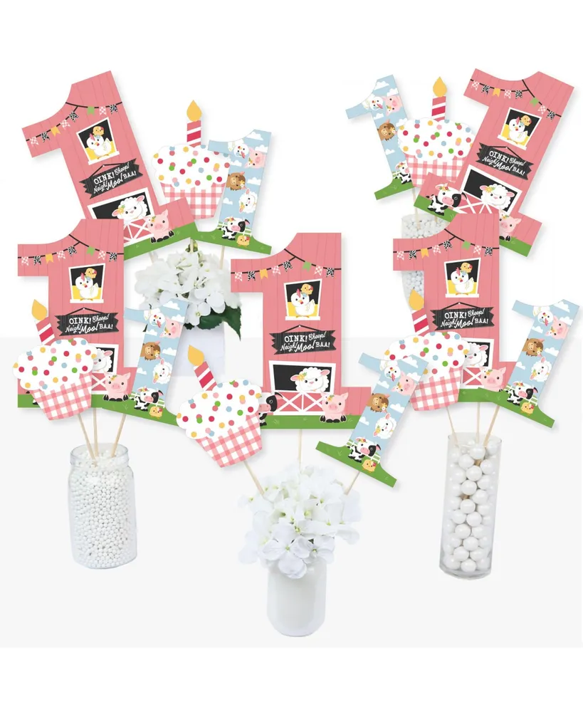 Big Dot Of Happiness 1st Birthday Girl Farm Animals - First Birthday Party  - Table Toppers - 15 Ct