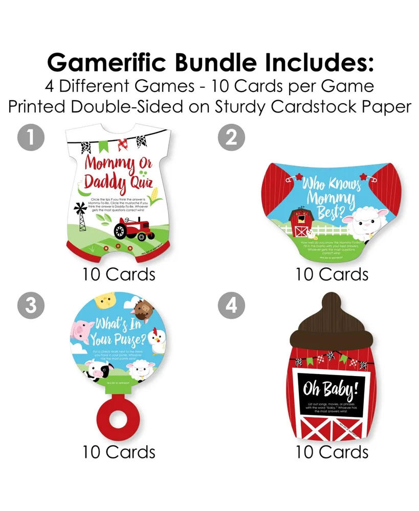 Farm Animals - 4 Barnyard Baby Shower Games - 10 Cards Each - Gamerific Bundle
