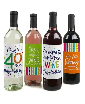 40th Birthday - Cheerful Happy Birthday Decor - Wine Bottle Label Stickers 4 Ct