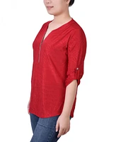 Ny Collection Women's 3/4 Roll Tab Zip Front Jacquard Knit Top