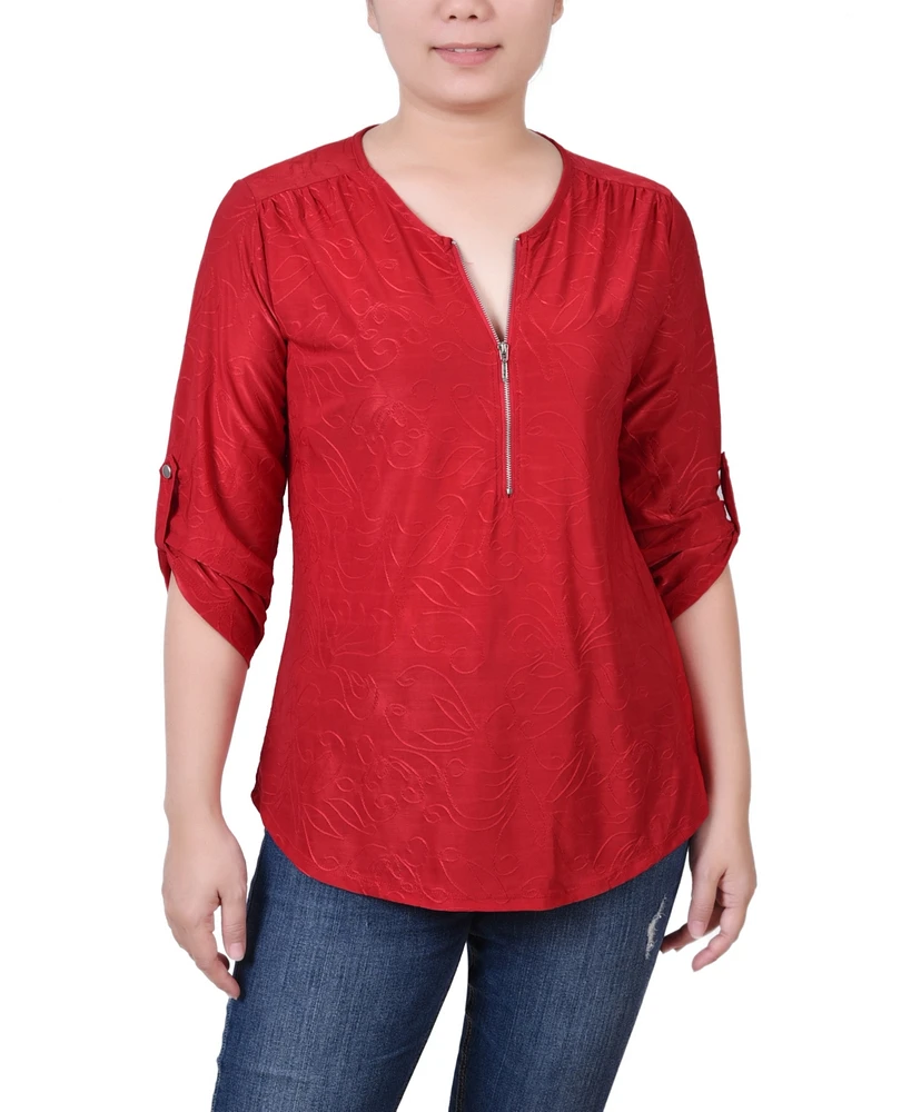 Ny Collection Women's 3/4 Roll Tab Zip Front Jacquard Knit Top