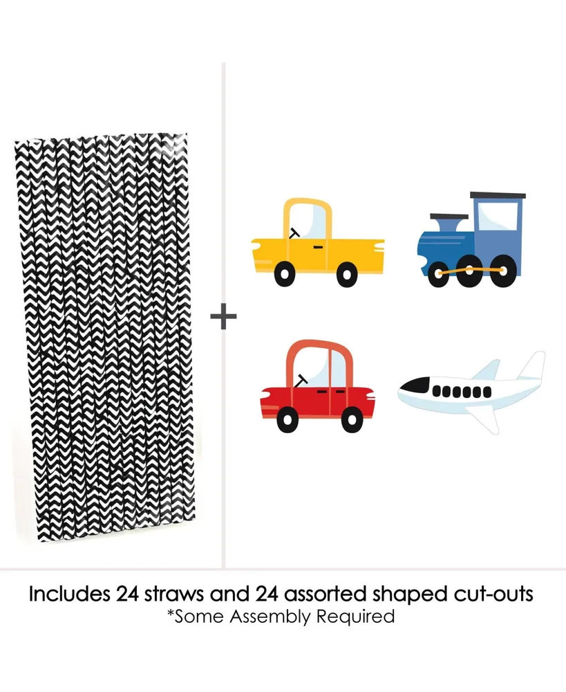 Cars, Trains, and Airplanes Transportation Striped Paper Decorative Straws 24 Ct
