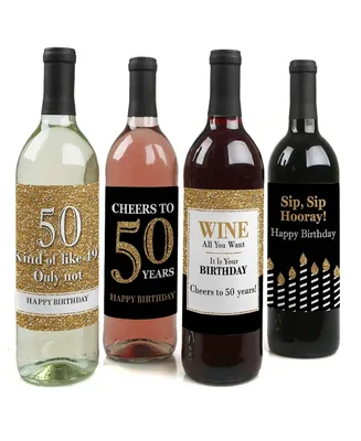 Adult 50th Birthday - Gold - Party Gift - Wine Bottle Label Stickers - 4 Ct