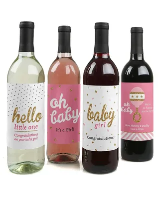 Hello Little One - Pink & Gold - Wine Bottle Label Stickers - 4 Ct