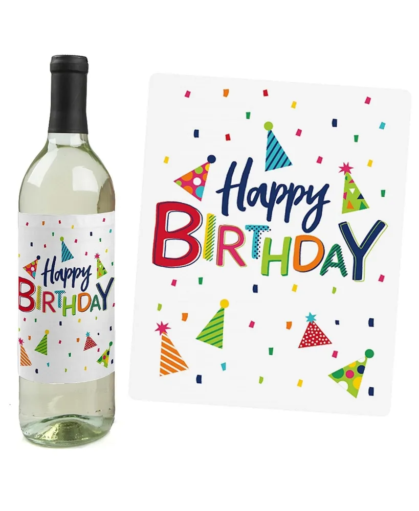 Cheerful Happy Birthday - Colorful Party Decor - Wine Bottle Label Stickers 4 Ct - Assorted Pre