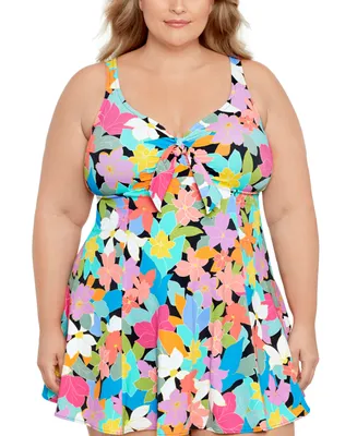 Swim Solutions Plus Size Tummy Control Bow-Front Printed Swimdress, Created for Macy's