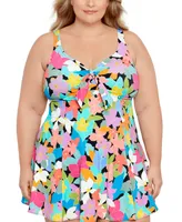 Swim Solutions Plus Size Tummy Control Bow-Front Printed Swimdress, Created for Macy's