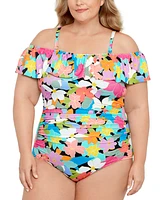 Swim Solutions Plus Tummy Control Off-The-Shoulder Ruffled Swimsuit, Created For Macy's