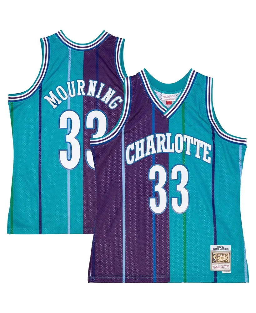 Men's Mitchell & Ness Alonzo Mourning Teal, Purple Charlotte Hornets Hardwood Classics 1992-93 Split Swingman Jersey
