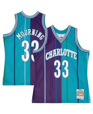 Men's Mitchell & Ness Alonzo Mourning Teal, Purple Charlotte Hornets Hardwood Classics 1992-93 Split Swingman Jersey