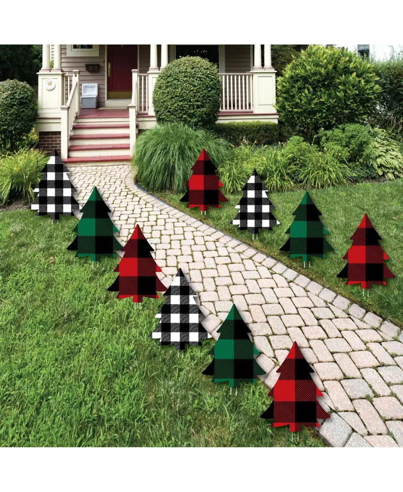 Big Dot of Happiness Holiday Plaid Trees - Lawn Decor - Outdoor Christmas Party Yard Decor - 10 Pc