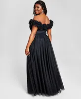 City Studios Trendy Plus Tulle-Trim Off-The-Shoulder Gown, Created for Macy's