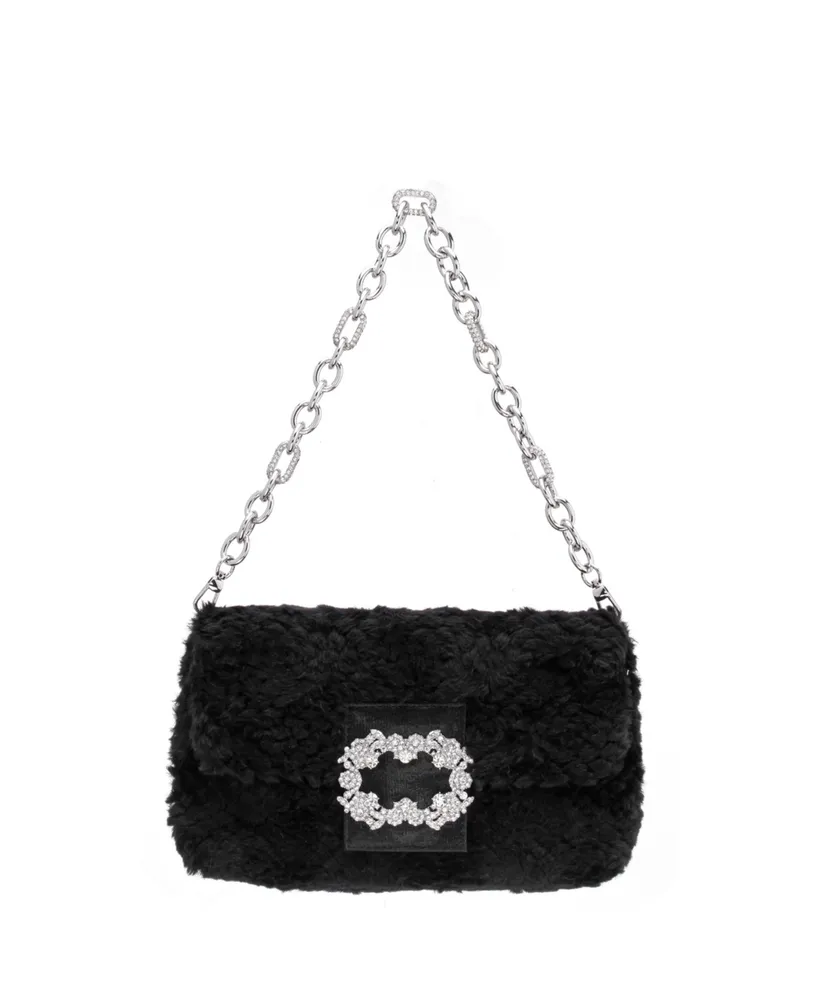 Nina Women's Faux Fur Baguette Bag with Crystal Buckle