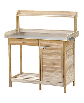 Wood Potting Bench Workstation Table w/ Storage Cabinet, Shelf Natural