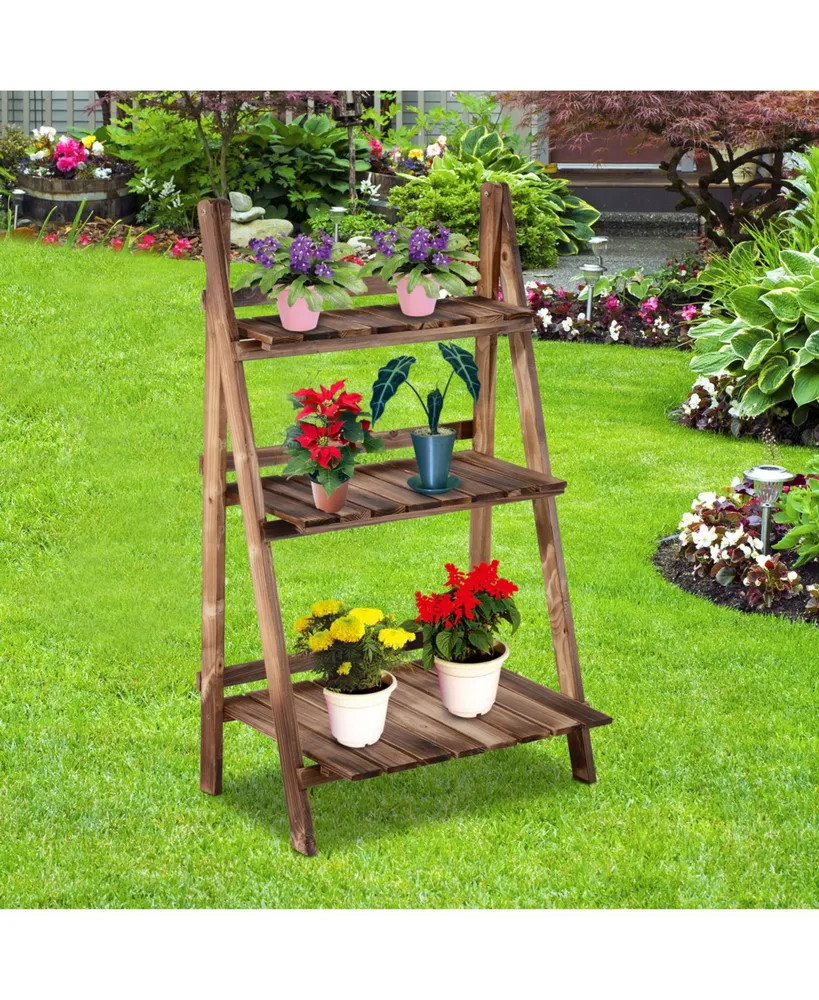 3 Tier Ladder-style Wooden Flower Plant Stand Outdoor Garden Shelf