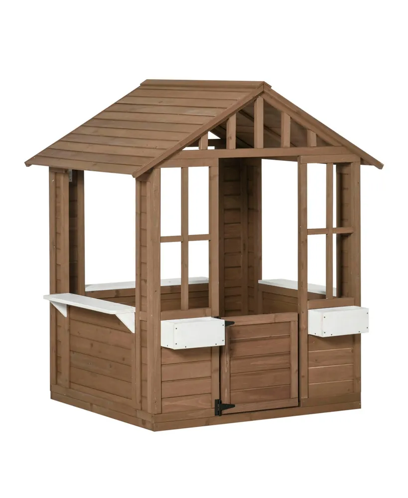 Outsunny Kids Outdoor Wooden Playhouse w/ Door Windows Flower Pot Holder, Brown