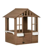 Outsunny Kids Outdoor Wooden Playhouse w/ Door Windows Flower Pot Holder, Brown