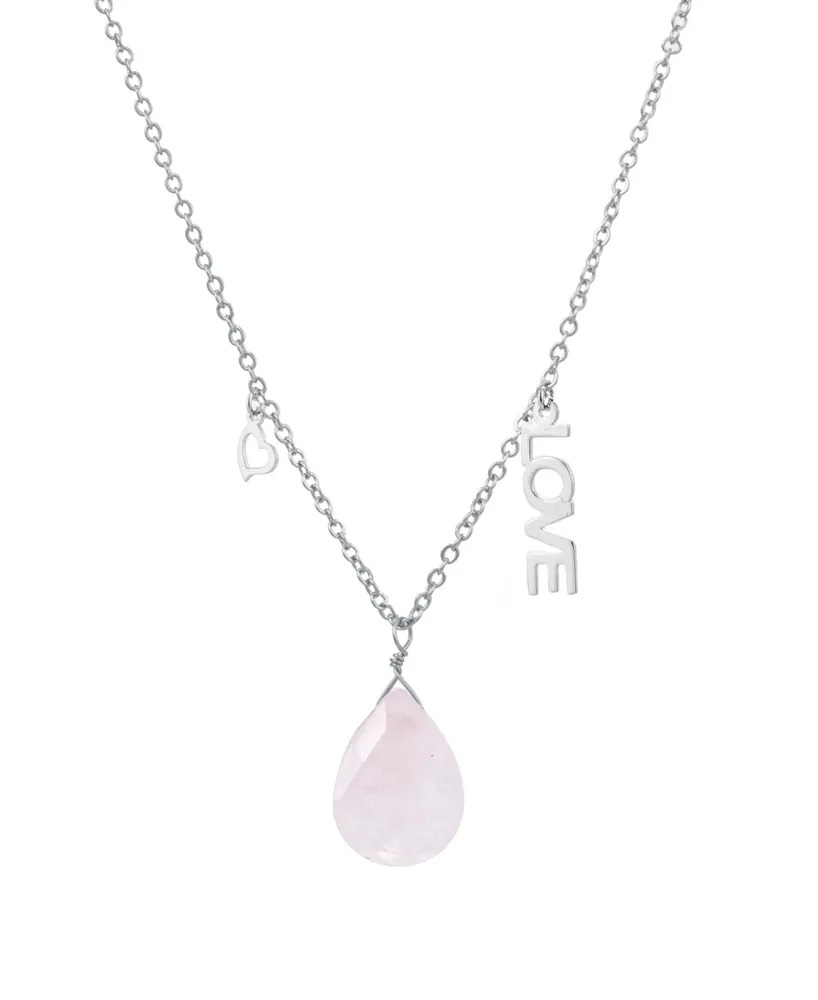 Macy's Rose Quartz Pear Shape Bead 16mm Charm Necklace in Fine Silver Plated Brass