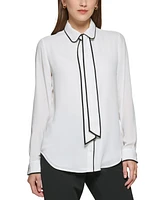 Dkny Petite Piped-Trim Button-Up Blouse, Created for Macy's