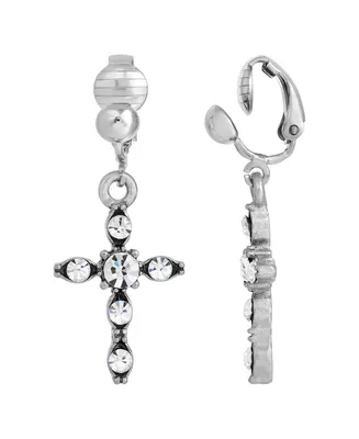 Symbols of Faith Silver-Tone Crystal Cross Drop Clip Earrings - Silver
