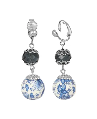 2028 Dark Blue and Blue Willow Beaded Clip Earrings