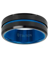 Triton Men's Brushed Finish Wedding Band Black & Blue Tungsten Carbide