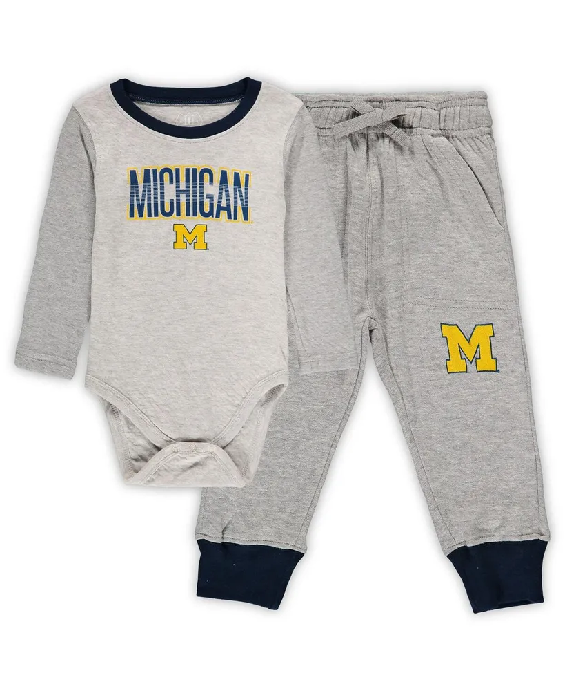 Infant Boys and Girls Wes & Willy Heathered Gray, Navy Michigan Wolverines Jie Long Sleeve Bodysuit Pants Set