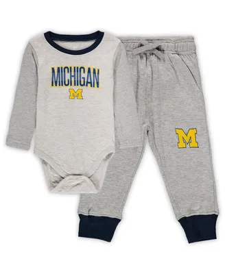 Infant Boys and Girls Wes & Willy Heathered Gray, Navy Michigan Wolverines Jie Long Sleeve Bodysuit Pants Set