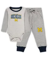Infant Boys and Girls Wes & Willy Heathered Gray, Navy Michigan Wolverines Jie Long Sleeve Bodysuit Pants Set