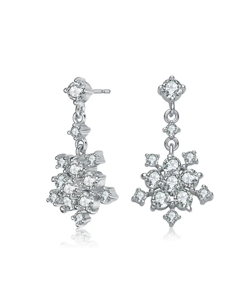 Genevive Sterling Silver with Rhodium Plated Clear Round Cubic Zirconia Cluster Flower Style Drop Earrings