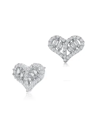 Genevive Sterling Silver with Rhodium Plated Clear Baguette and Round Cubic Zirconia Heart Stud Earrings