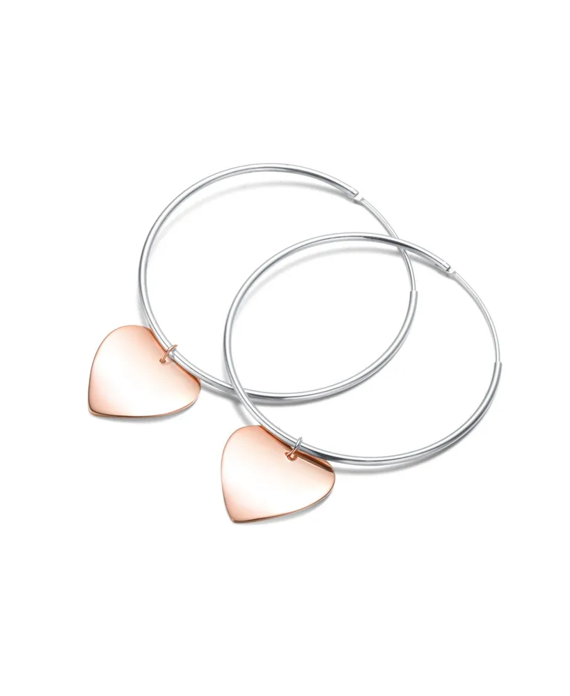 Genevive Stylish Sterling Silver with Heart Rose Gold Plated Dangle Hoop Earrings