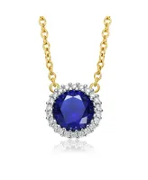 Genevive Sterling Silver Two-Tone Cubic Zirconia Round Colored Necklace with Gold Link Chain