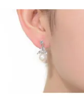 Sterling Silver with Rhodium Plated White Round Freshwater Pearl with Marquise and Round Cubic Zirconia Earrings